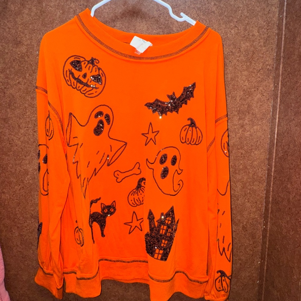 Fantastic Fawn- Halloween Orange Sweater with Black Sequin Designs